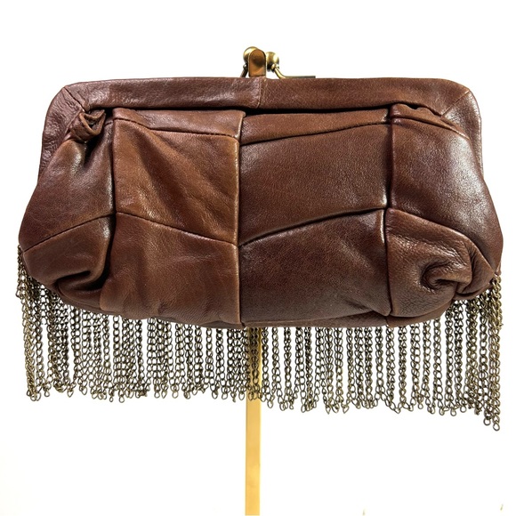 Monserat De Lucca Chain Fringe Leather Clutch Brown - Picture 2 of 11